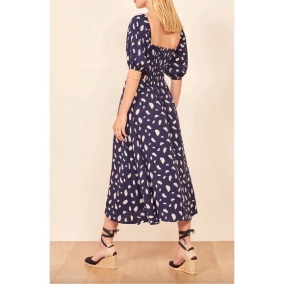 Reformation Splatter Midi Blue Dress Zippy Size 2 - Picture 4 of 10
